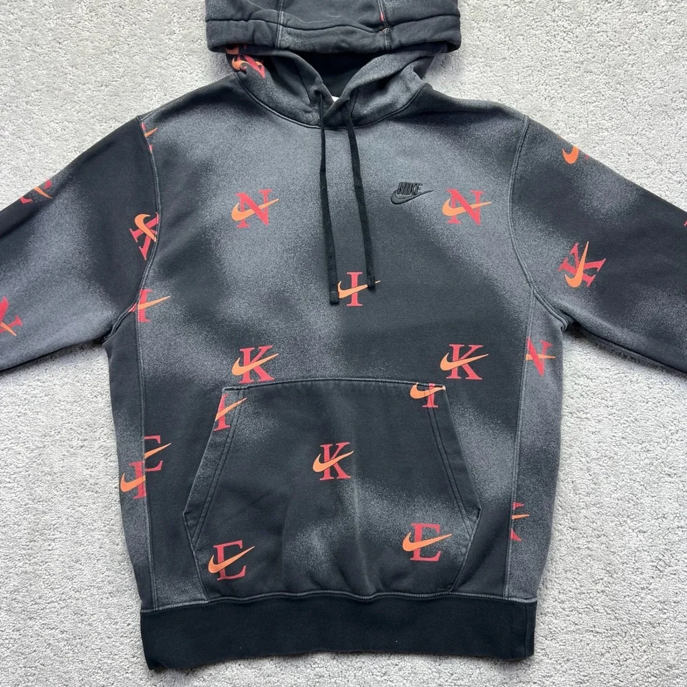 Nike Hoodie Mens Small Black Gray Acid Wash All Over Logo Print Pullover Sporty